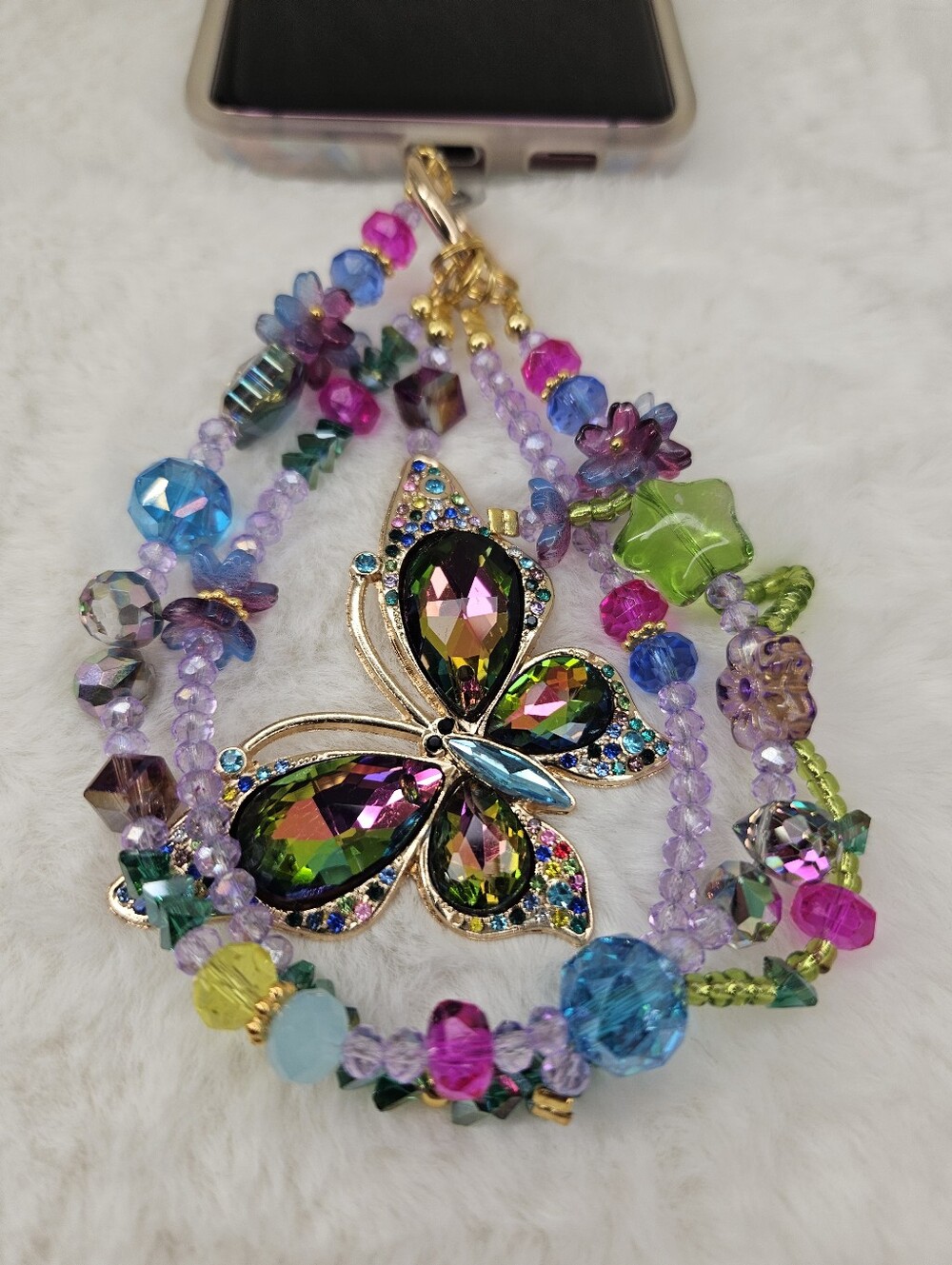 Multicolor Crystal Butterfly Phone/Purse Charm Wrislet Keychain - Picture 3 of 7